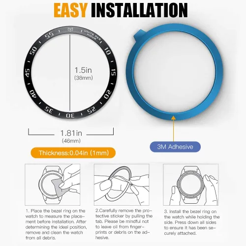 Vista 5 de MoKo Anillo de bisel compatible con Samsung Gear S3/Galaxy Watch 1.811 in, cubierta adhesiva de acero inoxidable resistente a los arañazos