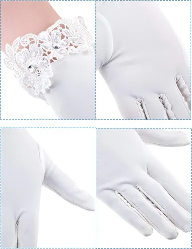 Vista 3 de Sumind Guantes cortos de satén hasta la muñeca, guantes de vestir para mujer, ópera, boda, banquete, vestido para fiesta y baile (beige, talla M)
