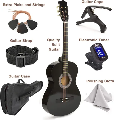 Vista 2 de Guitarra de madera para zurdos de 30 pulgadas con estuche y accesorios para niños, niñas, niños, adolescentes, principiantes (30 pulgadas, negro)