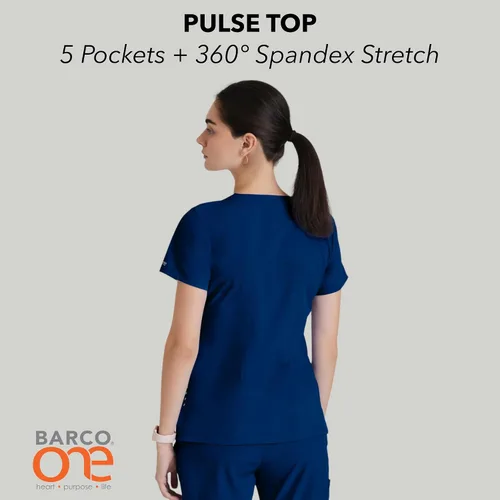 Vista 4 de BARCO ONE - Camiseta médica con cuello en V y 5 bolsillos, elástico de 4 vías, para mujer Índigo (Azul marino)