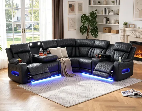 Vista 32 de Juego de sofá modular reclinable eléctrico para sala de estar, juego de sofá reclinable de cuero con luces LED / almacenamiento oculto, sofá