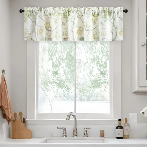 Vista 30 de Leeva Cortinas rústicas de cocina con estampado floral verde mezclado de lino para media ventana, para comedor, bolsillo para barra, cafetería