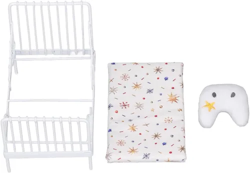 Vista 9 de Cama de metal para casa de muñecas de 1/12, almohada con patrón de estrellas, muebles en miniatura para coleccionistas, constructores de modelos