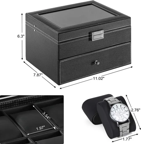 Vista 7 de BASTUO Caja de reloj 20 relojes organizador de exhibición de cuero de fibra de carbono de lujo, caja de colección de joyas para hombres y mujeres