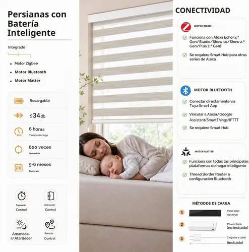 Vista 5 de ACMEART Persianas motorizadas de cebra con control remoto, persianas automáticas de doble capa, persianas eléctricas opacas para oficina del hogar