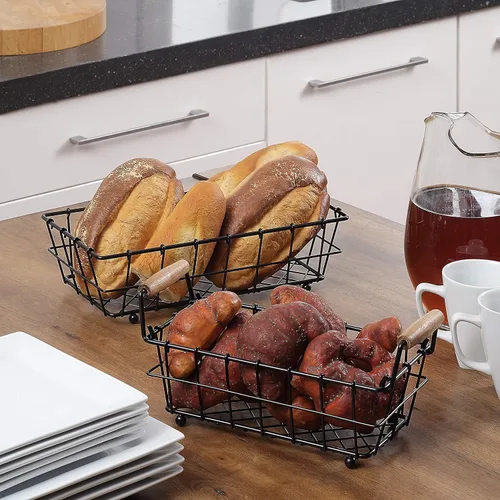 Vista 4 de SunnyPoint Cesta rectangular de alambre para pan de frutas de 2 niveles (negro, metal)