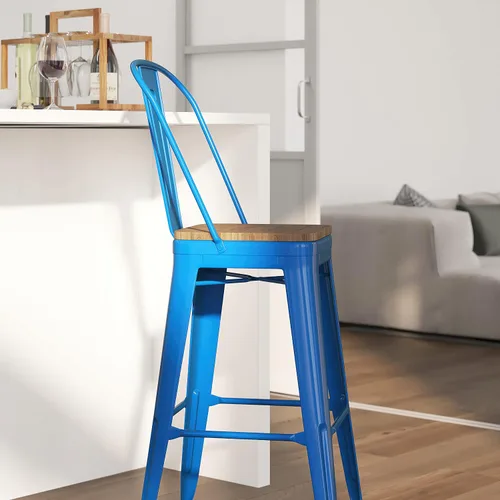 Vista 4 de Merrick Lane Donnely Taburete de comedor, taburete de altura de mostrador, marco de metal en acabado azul, asiento de madera texturizada, respaldo