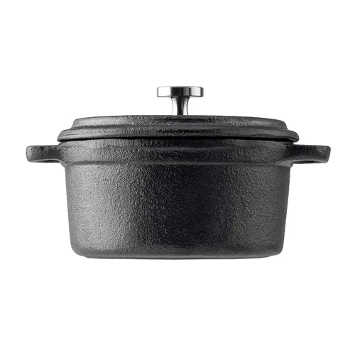 Vista 2 de TableCraft 10747 Cocotte, 8 onzas., con tapa & asas, de acero inoxidable perilla, hierro fundido, negro