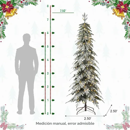 Vista 5 de Glitzhome Árbol de Navidad Artificial de 7.5 pies, Árbol de Navidad Tipo Lápiz Preiluminado con Efecto Nevado Chicago Frostwood Spruce con 350 Luces