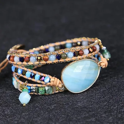 Vista 7 de ZOSOJONA Pulsera envolvente para mujer, estilo bohemio, con cuentas de cristal de jaspe natural, Cuero, Ágata
