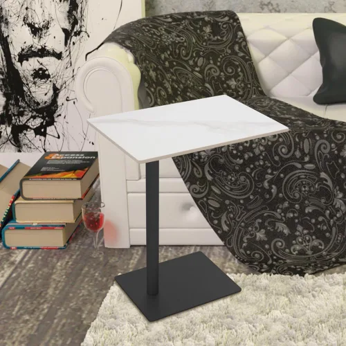 Vista 5 de Mesa auxiliar en forma de C de metal dorado con parte superior de mármol, moderna bandeja de café, escritorio lateral para sofá, sala de estar
