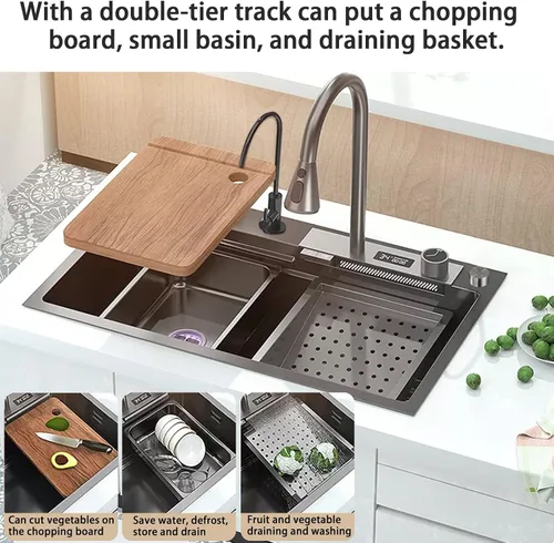 Vista 4 de Fregadero de cocina nano negro y gris 304 de acero inoxidable 304, fregadero de cocina con estación de trabajo de un solo tazón, fregadero de cocina