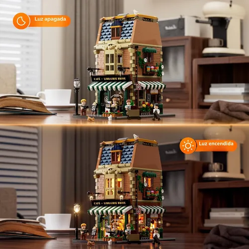Vista 2 de Funwhole Set de Construcción de Café-Librería con Luces LED - Conjunto de Ladrillos de Construcción Modular de Modelo de Casa de Café de Ciudad