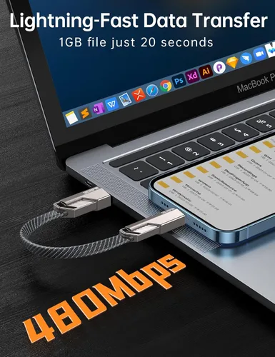 Vista 5 de Cable USB C ultra corto 4 en 1 de 0.6 pies compatible con cable Lightning [carga rápida y transferencia de datos] cable de carga plano trenzado