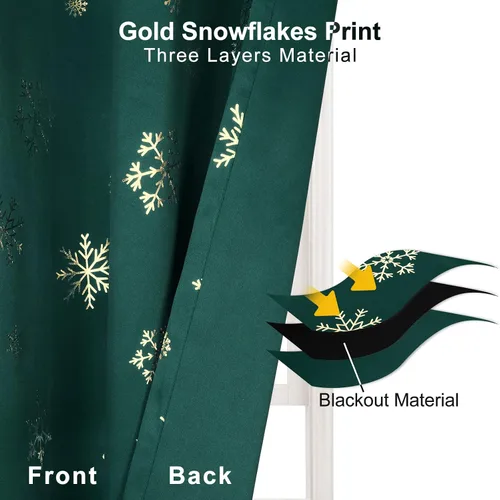 Vista 3 de FRAMICS Cortinas de Navidad con estampado de copos de nieve dorados en papel de aluminio, cortinas opacas con aislamiento térmico para sala de estar