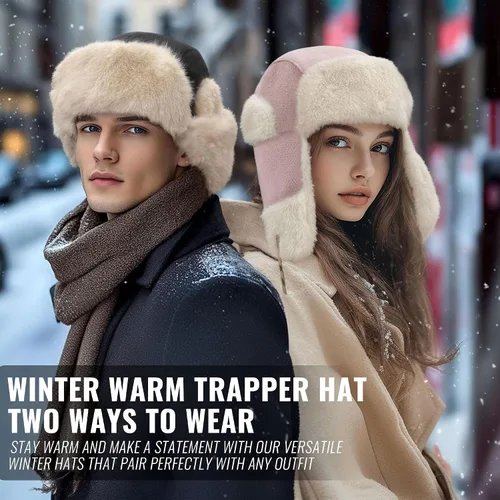 Vista 3 de CLAPE Sombreros de trampero de invierno cálido de soldado ruso sombrero de piel sintética con solapa para la oreja gorra de aviador unisex Ushanka