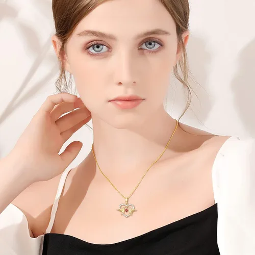 Vista 2 de Collar de corazón de oro de 14 quilates para mujer, collar con dije de corazón de colibrí de oro amarillo real con rubí bailarín, para niñas, damas