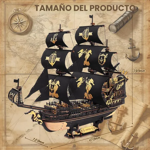 Vista 6 de Rompecabezas 3D de madera ROKR para adultos, kit de modelo de barco caballito de mar, rompecabezas 3D de 603 piezas para adultos y adolescentes