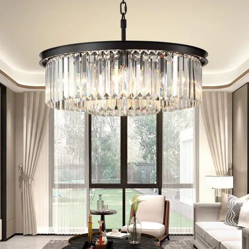 Vista 6 de Candelabros de cristal de cobre, lámparas de techo modernas y contemporáneas, mini candelabro de 3 niveles, 8 luces colgantes, iluminación colgante