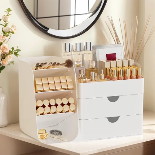 Vista 3 de Organizador de Maquillaje con 2 Cajones M y Portacepillos - Estuche de Almacenamiento de Cosméticos para Tocador, Encimera de Baño y Escritorio