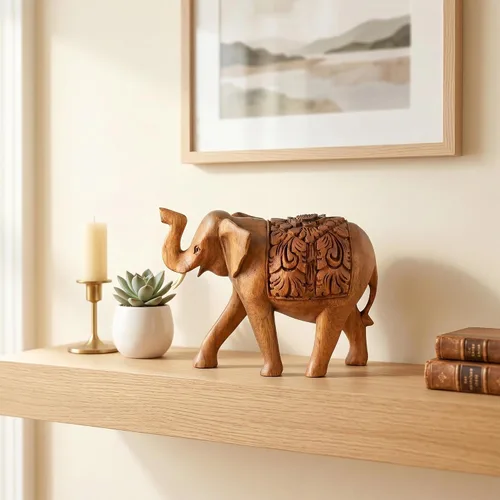 Vista 6 de G6 Collection Estatua de elefante tallada a mano de madera, escultura, arte decorativo, rústico, decoración del hogar, decoración hecha a mano