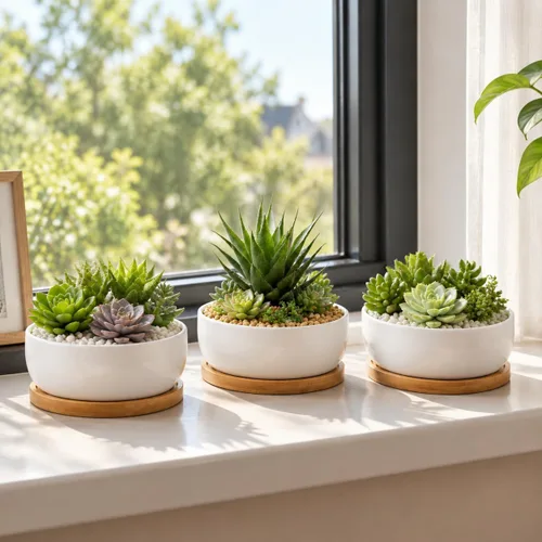 Vista 5 de Lawei Paquete de 3 macetas redondas de cerámica para suculentas de 6 pulgadas con bandejas de drenaje y bambú, macetas de cactus poco profundas