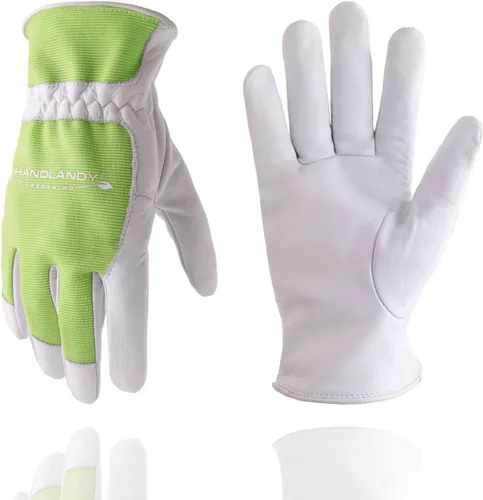 Vista 10 de HANDLANDY Guantes de trabajo para mujer, guantes de jardinería de cuero transpirable para mantenimiento de patio, protección de manos con pantalla
