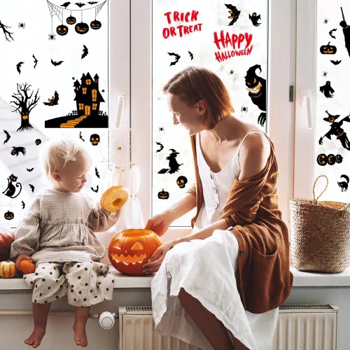 Vista 2 de AUAUY Decoración de ventana de Halloween, 9 hojas, 87 unidades, calcomanías de ventana de doble cara con calabaza, murciélago, araña, adhesivo