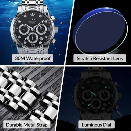 Vista 5 de OLEVS Reloj cronógrafo para hombre, esfera grande, multifuncional, fácil de leer, de acero inoxidable, analógico, de cuarzo, con fecha, de lujo