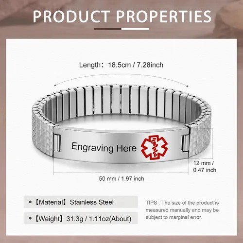 Vista 6 de Jewelstruck Pulsera de alerta médica de 7.5 a 9.8 pulgadas para mujeres y hombres, pulsera médica de emergencia, pulsera de identificación