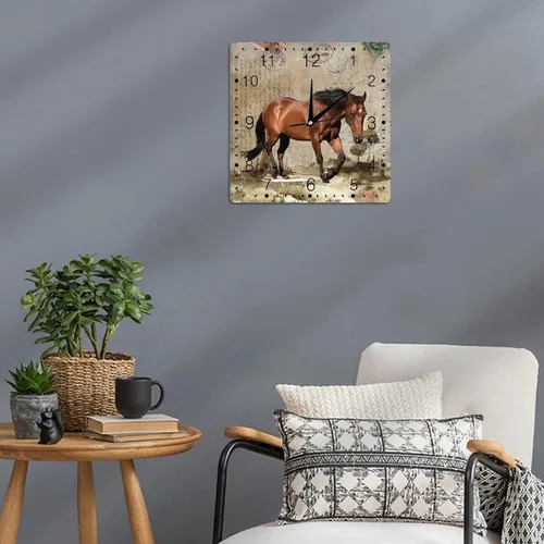 Vista 3 de Reloj de pared de madera moderno de estilo rústico vintage de 10 x 10 pulgadas, funciona con pilas, silencioso, sin tictac, patrón de caballo