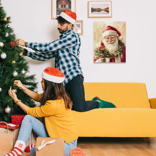 Vista 3 de Qabliqo Arte de pared enmarcado con diseño cardenal de Papá Noel, decoración rústica de pared de Navidad, vacaciones de invierno, póster de lienzo