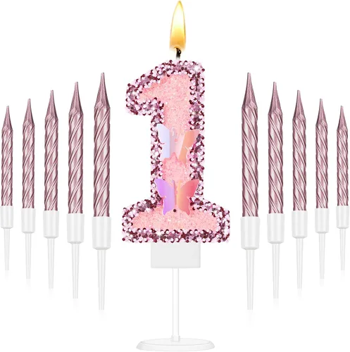 Vista 10 de Amylove Vela de cumpleaños número 0, decoración de pastel de mariposa con purpurina rosa con 10 velas delgadas, decoraciones de cumpleaños número 0