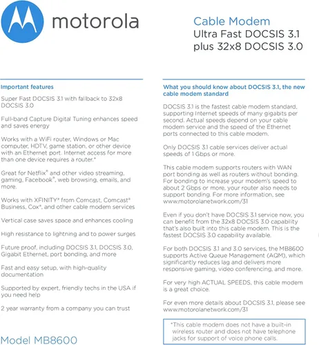 Vista 3 de Motorola MB8600 DOCSIS 3.1 Gig-Speed Cable Modem Plus 32x8 DOCSIS 3.0. Aprobado por Comcast Xfinity, Cox y más, gris (renovado)