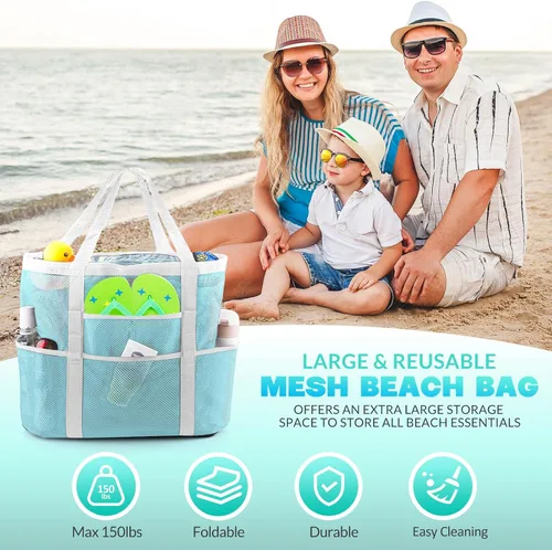 Vista 4 de EASYFUN Bolsa de playa grande de malla, bolsa de playa ligera con 9 bolsillos, accesorios de playa plegables
