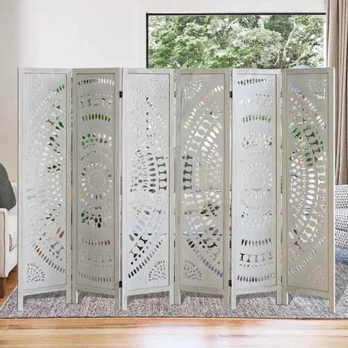 Vista 9 de Divisor de habitación de 4 paneles de madera tallada de 5.6 pies de alto, pantalla de privacidad plegable con bisagras dobles, divisor de división