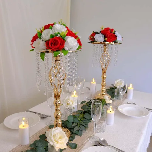 Vista 2 de 6 piezas 21.65 pulgadas Jarrones de flores dorados para boda, jarrones de metal con cristal para centros de mesa, jarrones de boda para decorar mesas