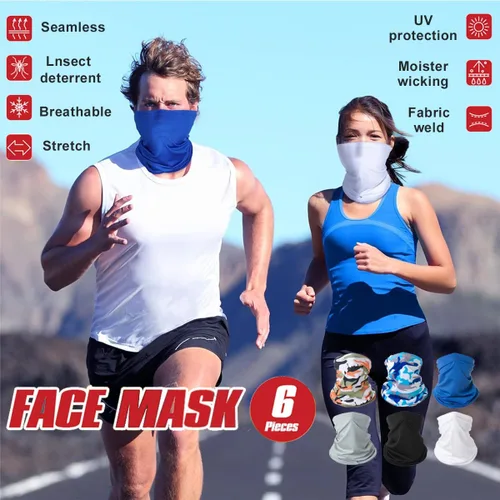 Vista 2 de Paquete de 6 polainas para el cuello, bufanda, cubrebocas, bandanas, protección solar, ciclismo, correr
