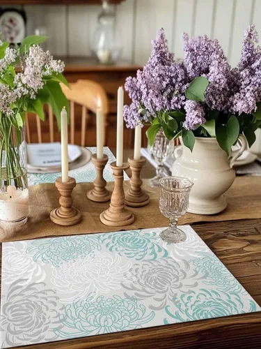 Vista 2 de Juego de 4 manteles individuales para mesa de comedor, diseño de crisantemo, color aguamarina, lino de algodón, impermeable, fácil de limpiar