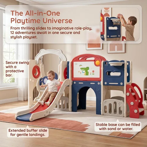 Vista 7 de Conjunto de juegos al aire libre 12 en 1 para niños pequeños con columpio, columpio interior y conjunto de tobogán, parque de juegos para niños