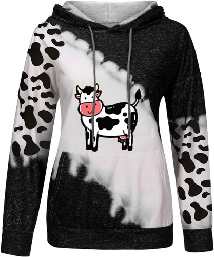 Vista 4 de Women Cow Hoodie Top, Women's Patchwork Cute Cow Print Drawstring Hooded Sweatshirt Pullover Tops Shirts