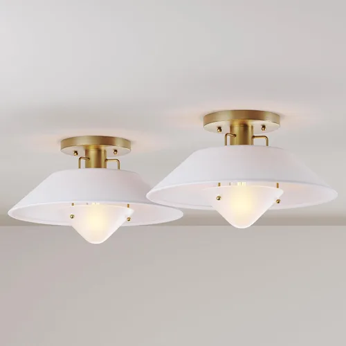 Vista 10 de Nathan James Argo - Lámpara de techo semi empotrada al ras, 3 luces, iluminación retro moderna con pantallas redondeadas blancas para pasillo, Latón