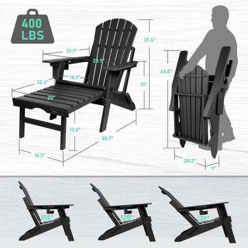Vista 3 de Oversized Adjustable Folding Adirondack Chairs Set of 2 with Ottoman 400LBS Negro