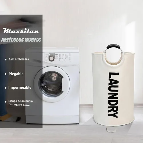 Vista 2 de Maxsilan - Cesta de lavandería grande de 90 L, cesta de ropa alta independiente, bolsa de lavandería plegable, color beige Freestanding tall