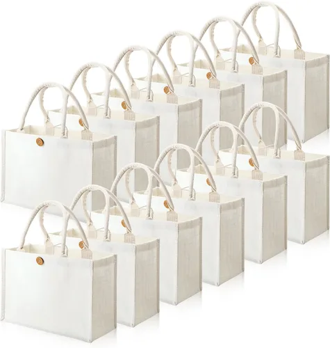 Vista 12 de 12 bolsas de yute de arpillera, bolsas de playa con asas, reutilizables, impermeables, bolsa de compras en blanco, bolsa de regalo de lona