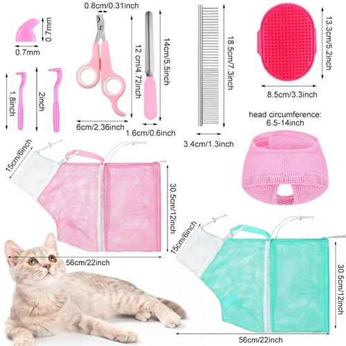 Vista 2 de Bolsa de baño para gatos, 10 piezas, kit de aseo para ducha de gato, verde y rosa