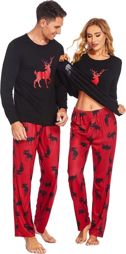 Vista 5 de Ekouaer - Conjunto de pijama de Navidad a juego para la familia, ropa de dormir y de descanso, camiseta de manga larga sin botones y pantalones