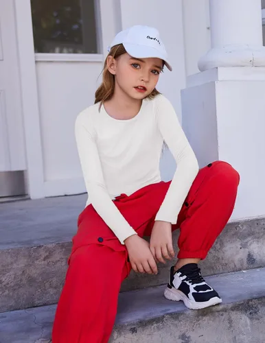 Vista 5 de Arshiner Camisas de punto acanalado de manga larga para niñas, suaves, ajustadas, cuello redondo, casual, capa base Blanco