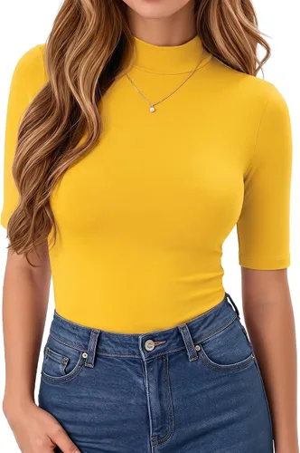 Vista 23 de MANGOPOP - Camiseta de cuello alto falso de manga 3/4 ajustada para mujer 03 Negro