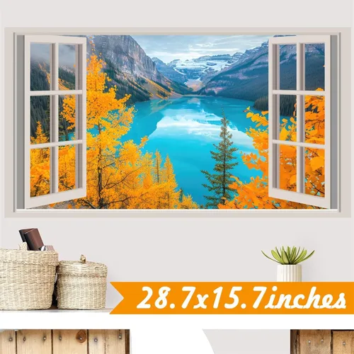 Vista 9 de Calcomanías de pared 3D de naturaleza falsa para ventanas, bosque de otoño, árbol, murales de pared, calcomanías para despegar y pegar, calcomanías